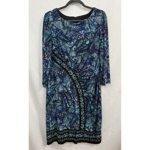 LESLIE‎ FAY Green Blue Paisley Print Stretch 3/4 Sleeve Dress Womens Size 16